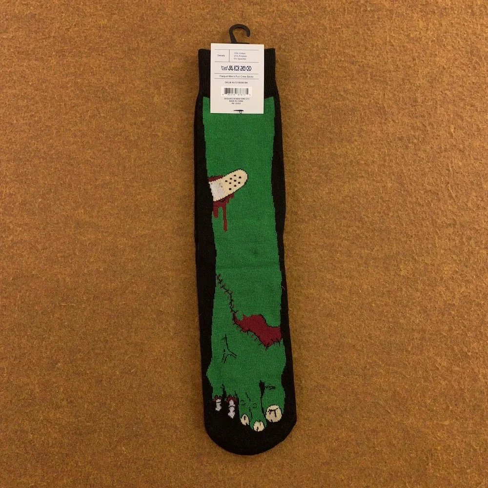 Parquet Mens 10-13 Black Green Zombie Monster Foot Novelty Crew Socks NWT